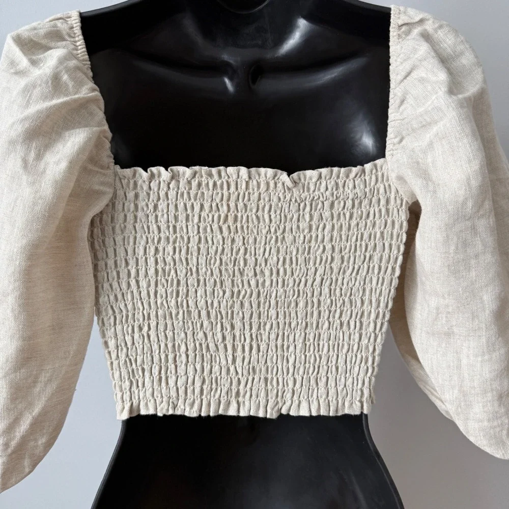Reformation sz 2 Beige‎ 100% Linen Smocked Puff Sleeve Crop Top Blouse Cottage